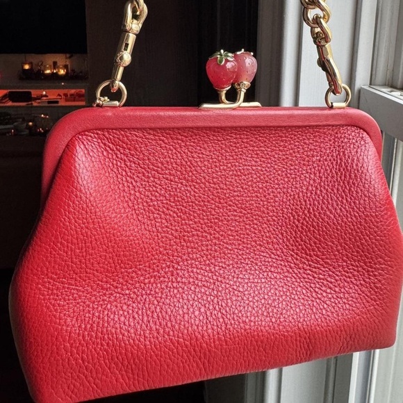 Coach Cherry Red Leather Clutch with Gold Chain